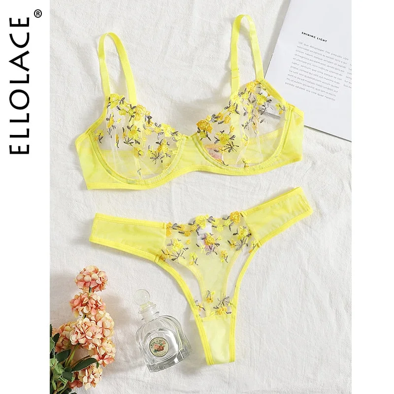 Ellolace Lingerie Sexy Floral Embroidery Underwear Transparent Lace Short Skin Care Kits Delicate Fairy Set Woman 2 Pieces