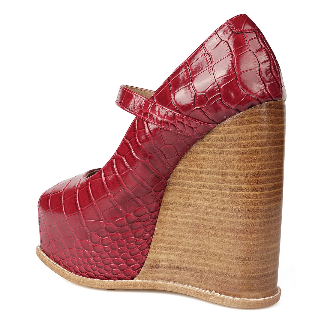 Vegan Leather Python Platform Peep Toe Woody Heel Party Pumps in Red