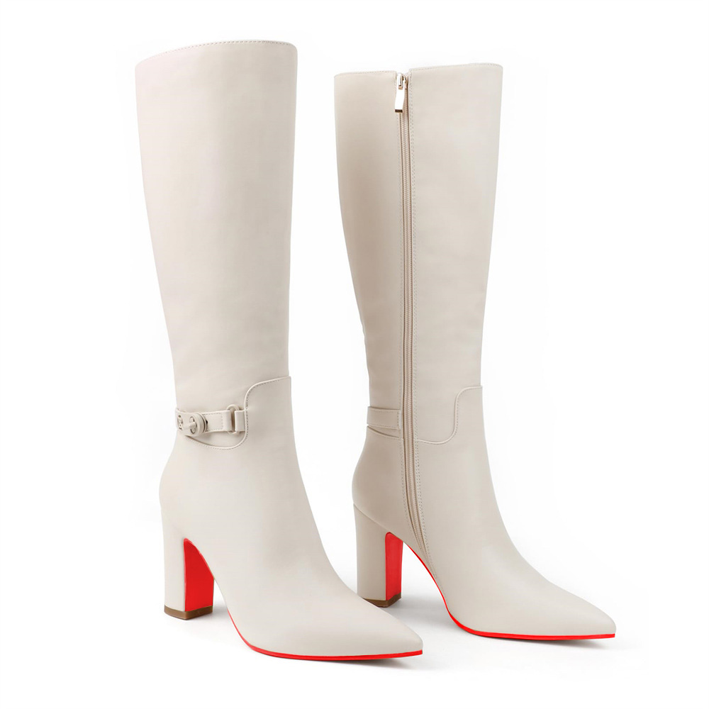 3.35" Women's Knee Red Bottom Boots Block Chunky Heels Zipper Fashion Sexy Boot-MERUMOTE