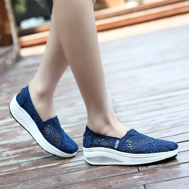 MWY Thick Platform Shoes Increased Breathable Leisure Shoes Rocking Shoes Zapatos Bajos De Mujer Lace Openwork Female Sneaker