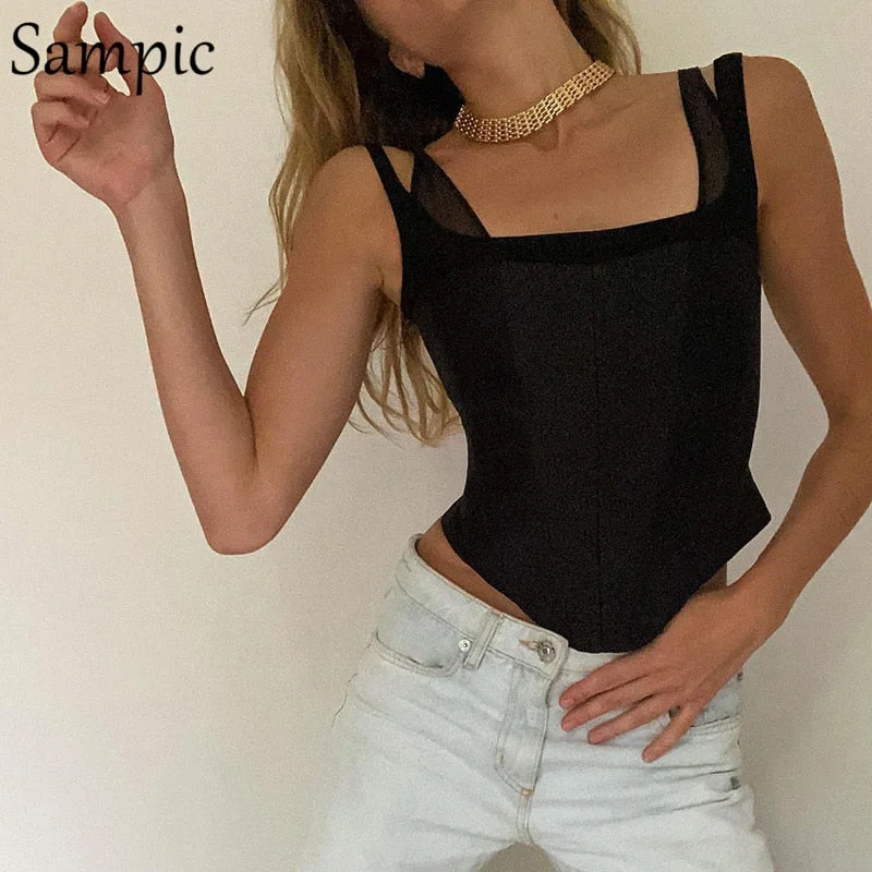 Sampic Crop Corset Vest Tops Stain Women Sexy Strap Summer Bustier Slim Crop Tops Black White Fashion 2021 Tank Top Outfits Tees