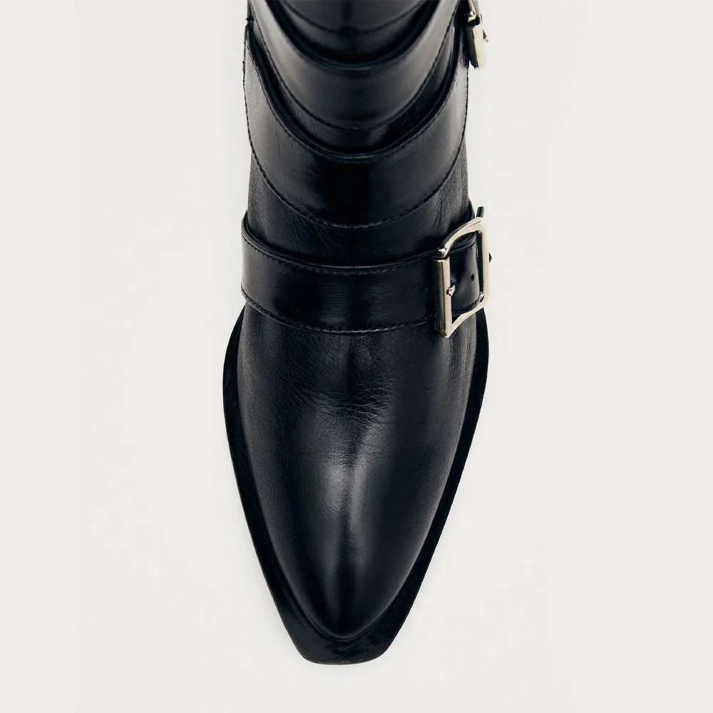 Women&lsquo;s Pointed Toe Slip On Black Heel Booties with Buckle Details