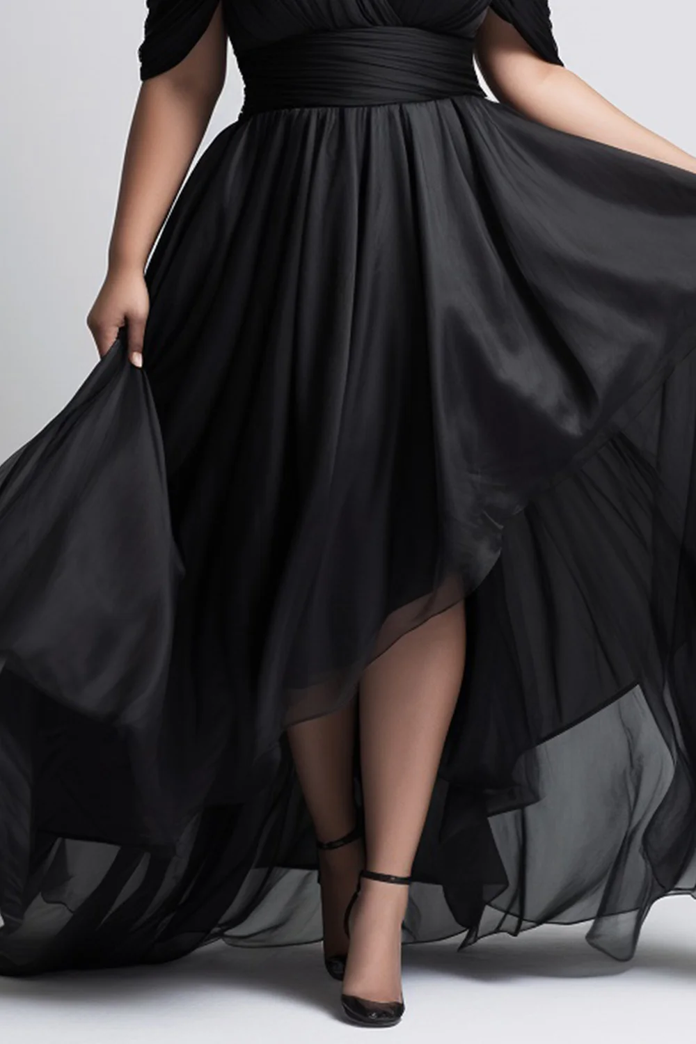 Flycurvy Plus Size Wedding Guest Black Organza Off The Shoulder Wrap High Low Hem Maxi Dress
