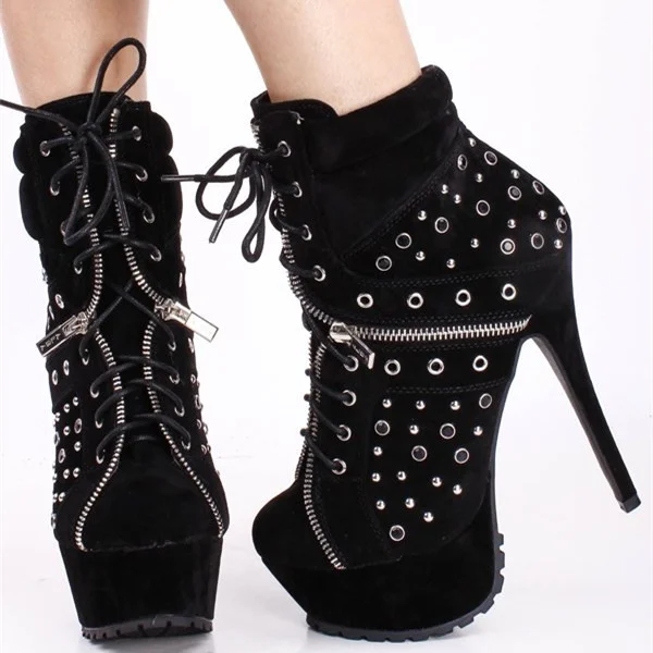 Black Lace up Boots Vegan Suede Studded Stiletto Heels with Platform |FSJ Shoes