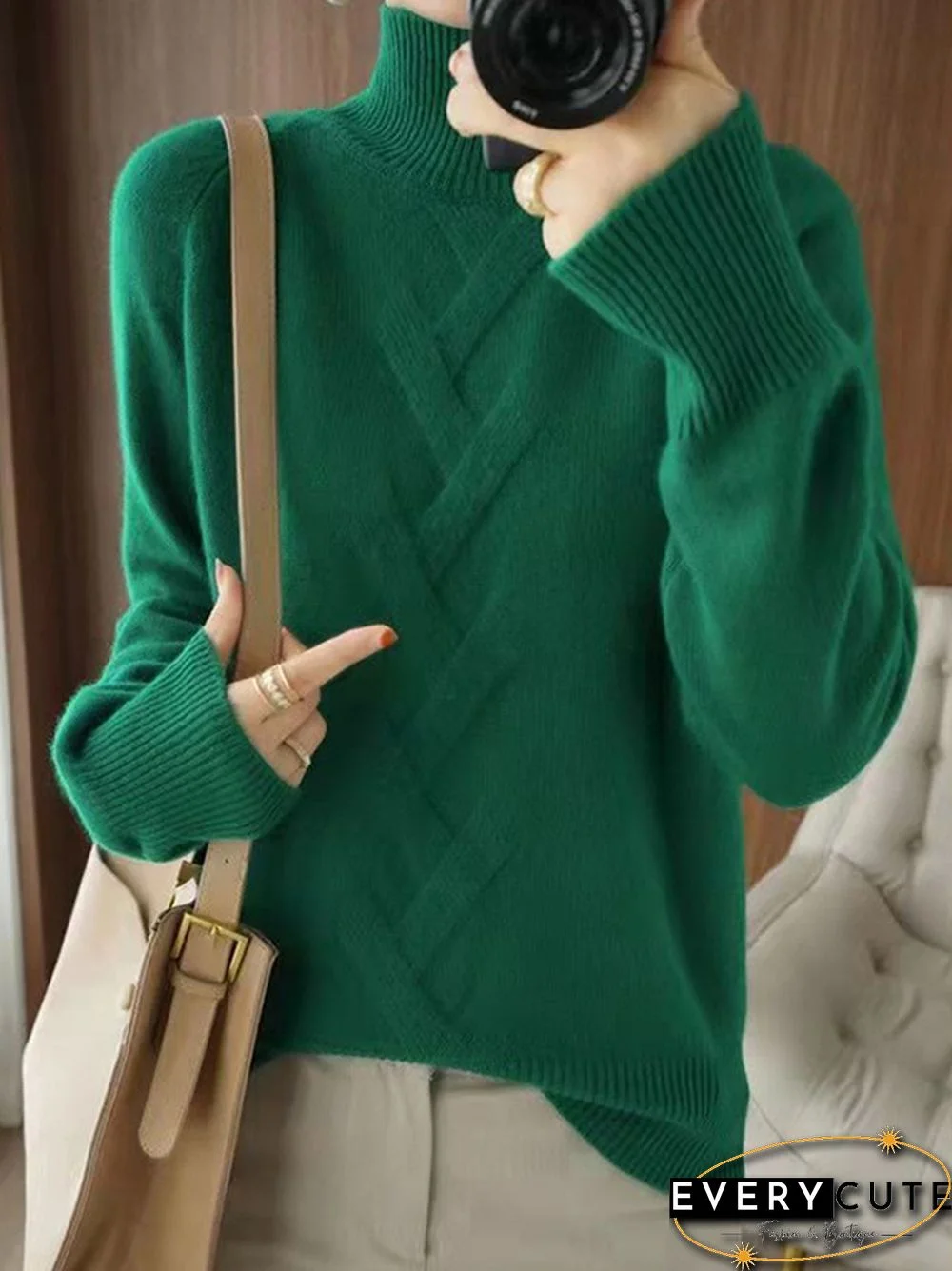 Casual Loose Long Sleeves Solid Color High-Neck Sweater Tops