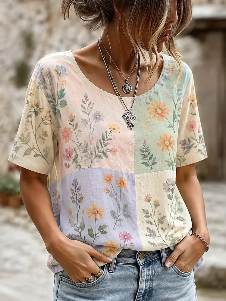 Women's Vintage Patchwork Floral Print Short Sleeve Scoop Neck Blouse  artssus