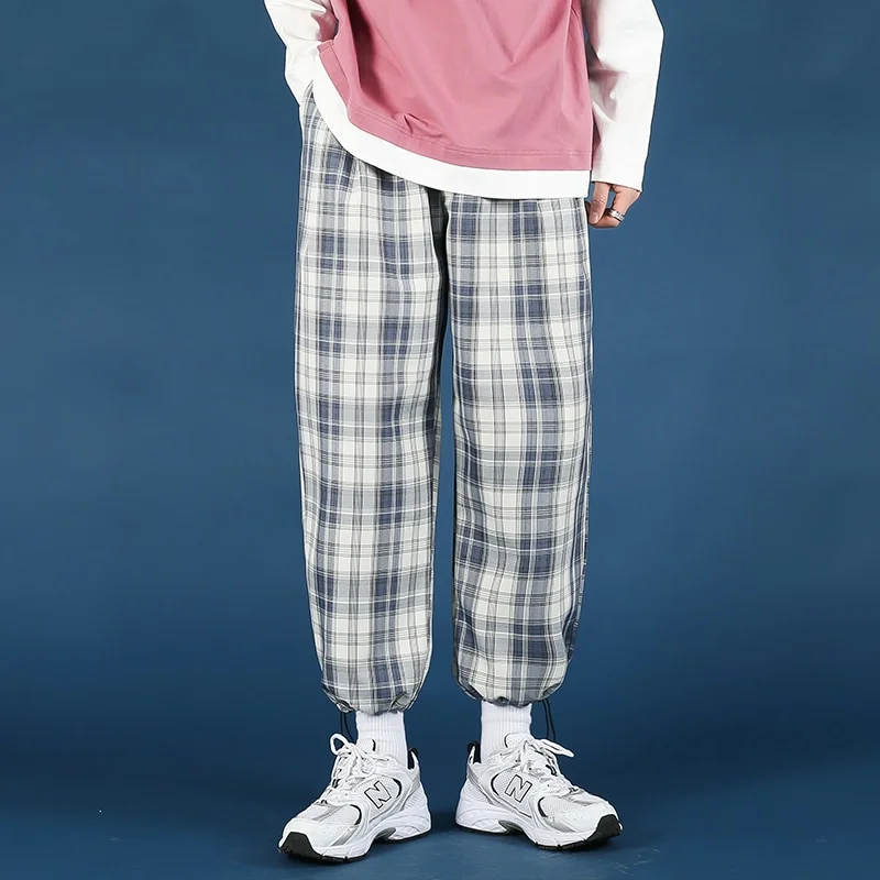 Brownm Men's Plaid Casual Harem Pants Korean Man 2022 Loose Ankle-Length Trousers Harajuku Streetwear New Male Clothing
