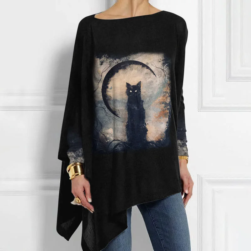 Women's Moon and Black Cat Printed Long sleeved Casual T-shirt