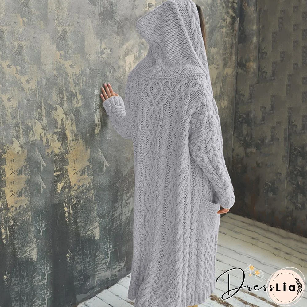 Hooded Solid Knitted Long Cardigan Twist Sweater Coat