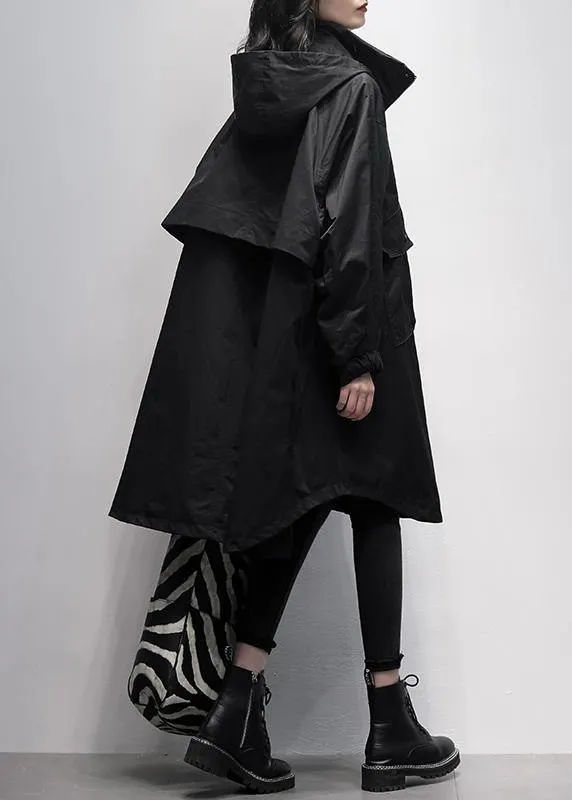 Women hooded Ruffles pockets trench coat black oversized outwear