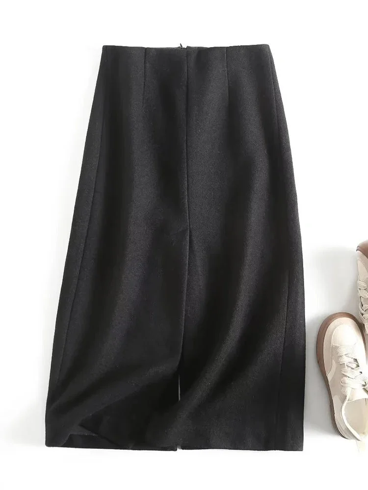 Tlbang Women 2024 Sexy Slits Woolen Midi Pencil Skirt Vintage Black High Waist Autumn Winter Female Skirts