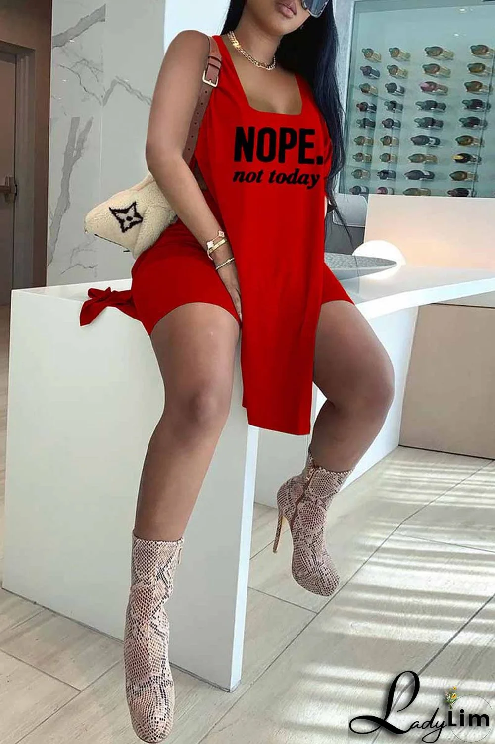 Red Fashion Casual Letter Print Slit U Neck Sleeveless Two Pieces