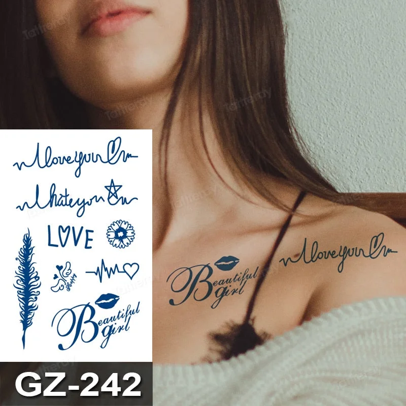 Waterproof Temporary Juice ink Sticker Triangle Star Words Feather Natural Fruit Gel Long lasting Tattoo Art for Men Women Arm