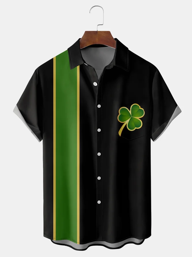 St Patrick‘s Day Shamrock Chest Pocket Short Sleeve Bowling Shirt