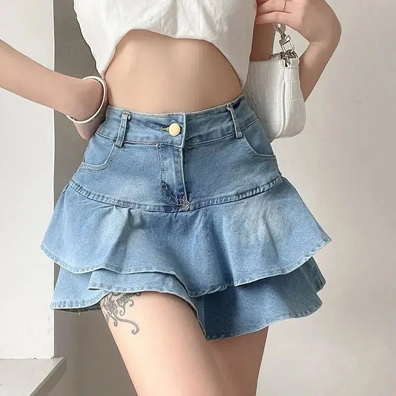 Brownm Ruffled Denim Mini Skirt