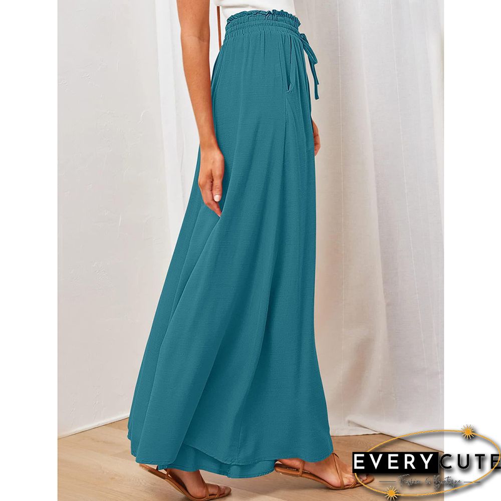 Peacock Blue High Waist Elastic Waistband Long Culottes