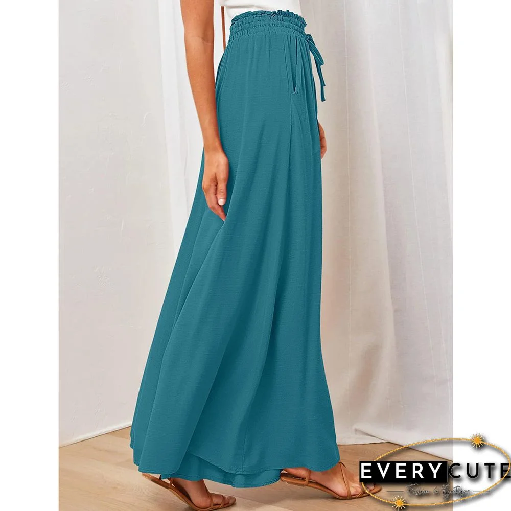 Peacock Blue High Waist Elastic Waistband Long Culottes
