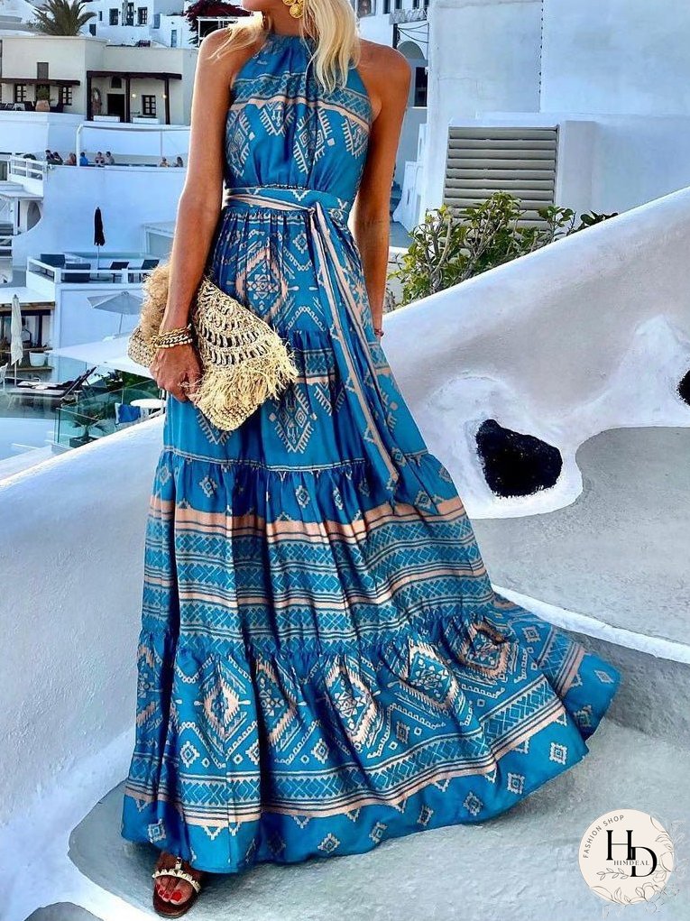 Dresses Vintage Print Halter Belted Dress for Women