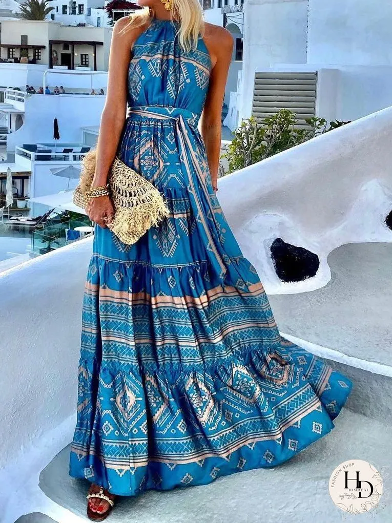 Dresses Vintage Print Halter Belted Dress for Women