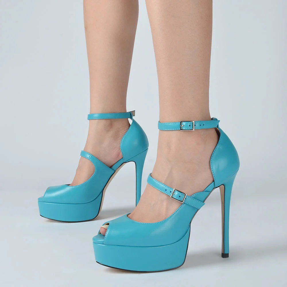 Blue Platform Peep Toe Sandals Ankle Strap Stiletto Heels Marry Jane Shoes