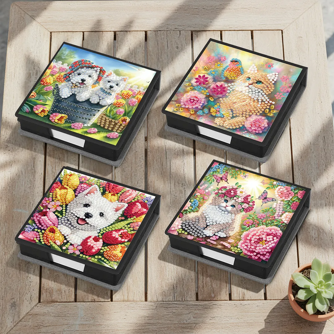 4Pcs Cat 5D DIY PU Diamond Painting Kit Office Note Box with 160 Sheets Paper
