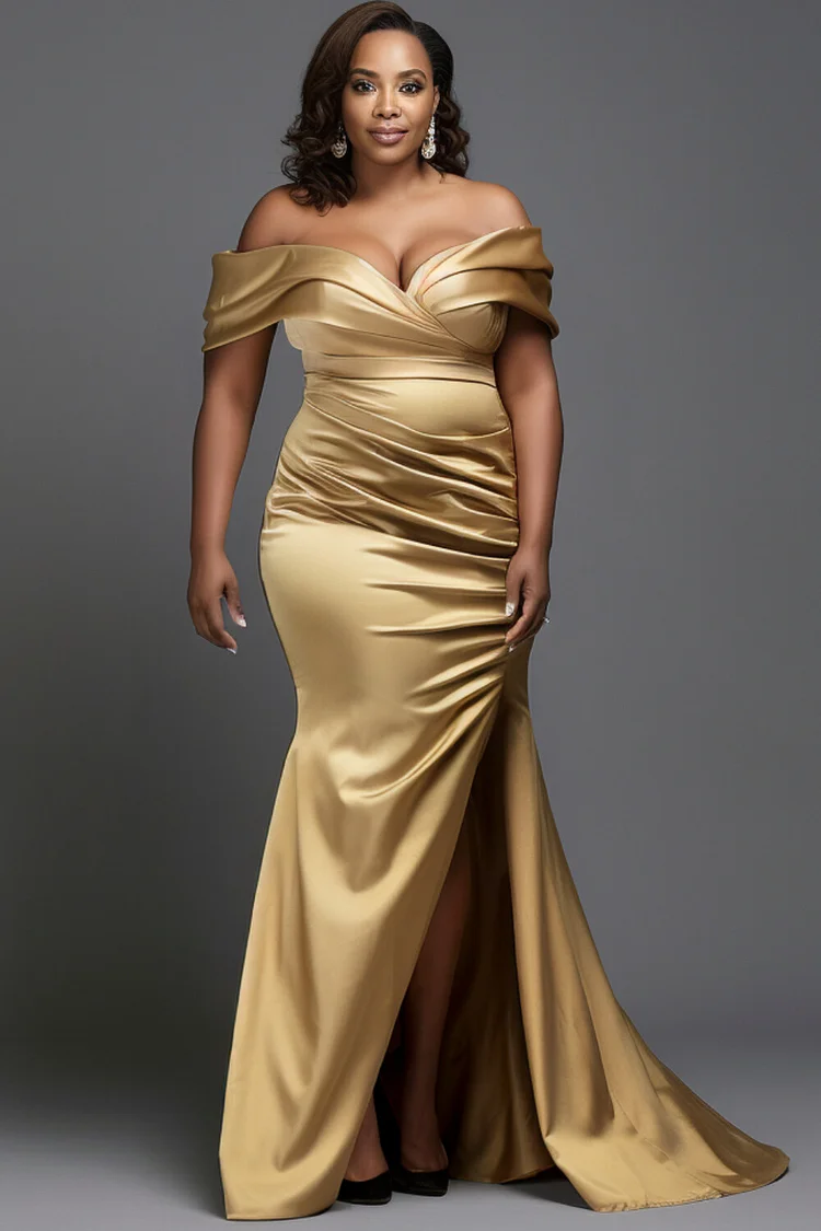 Xpluswear Design Plus Size Formal Gold Off The Shoulder Short Sleeve Split Elegant Fold Satin Maxi Dresses [Pre-Order] 2024 - Xpluswear