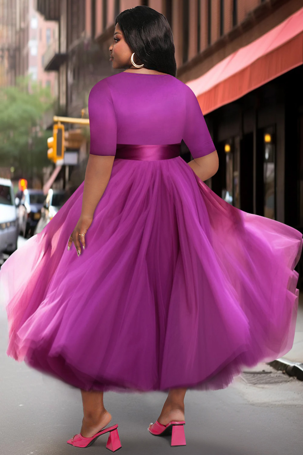 Design Plus Size Prom Elegant Purple Wrap Neck Short Sleeve Contrast Tulle Midi Dresses [Pre-Order]