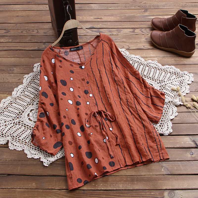 2021 Women Polka Dot Blouse Summer 3/4 Sleeve Striped Patchwork Shirt Casual Femme Robe Tops Tunic Vintage Blusas Chemise