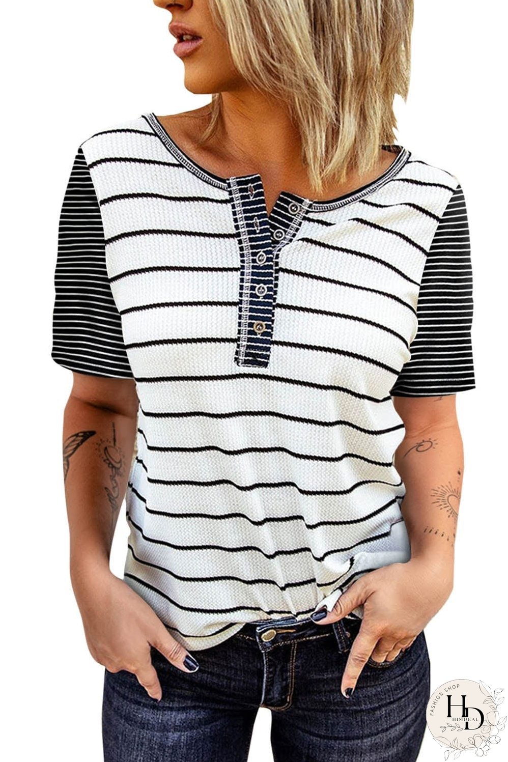 Striped White Button Front Colorblock Tee