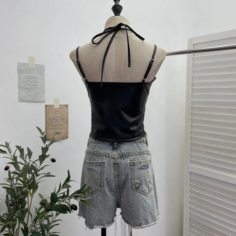 Nigikala Nigikala Shooting Locomotive Punk Pu Splicing Fishing Net Hanging Neck Sling Vest Babes Wearing Rope Repair Short Blouse 8106
