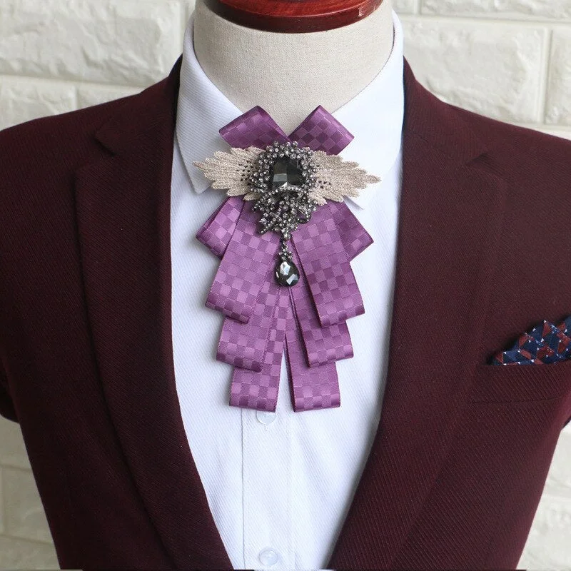 New Bow Tie Vintage Rhinestone Handmade Ribbon Brooch Bowtie Elegant Jewelry Collar Pin Cravat Wedding Accessories Pocket Square