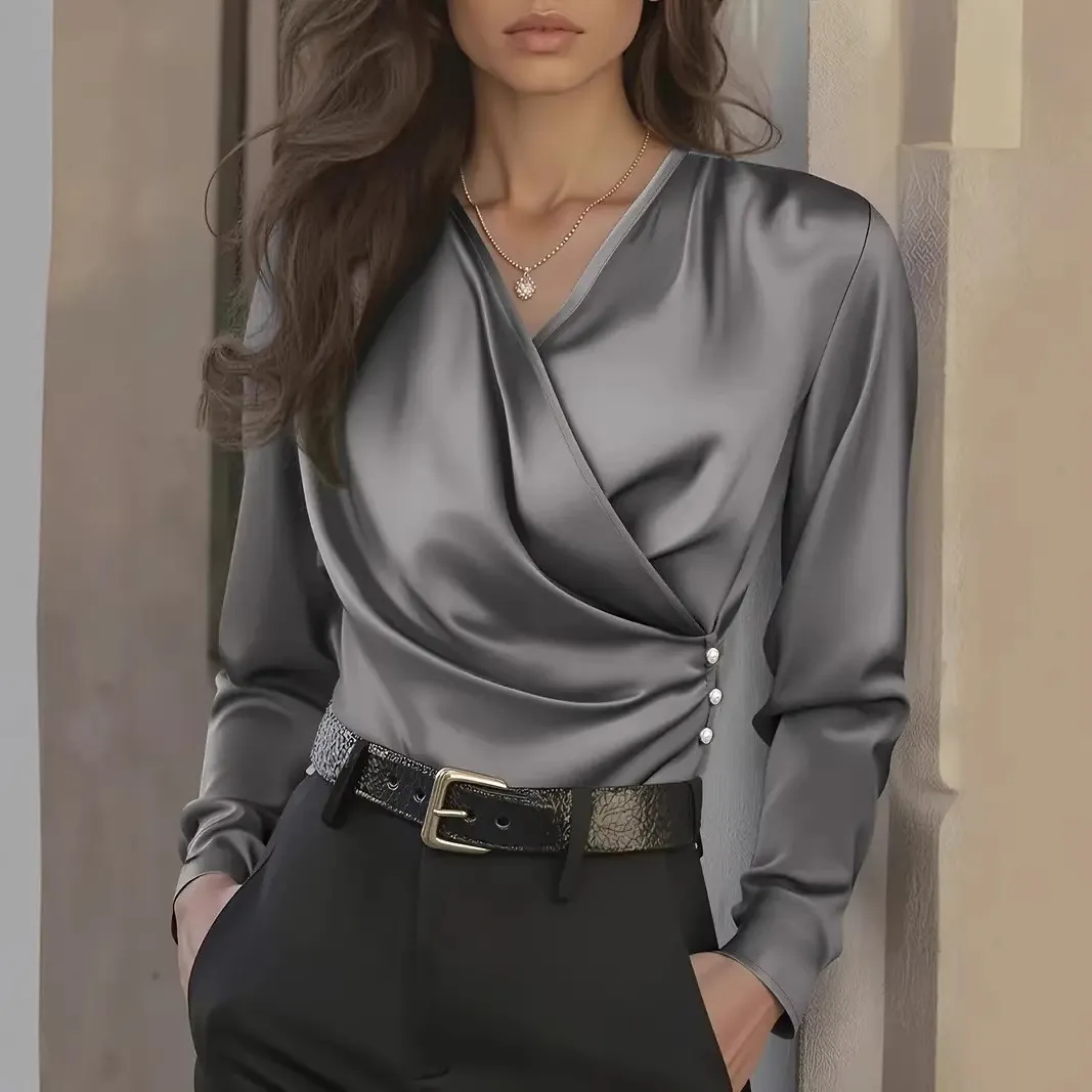 Wrap V Neck Ruched Side Pearl Button Slim Fit Satin Long Sleeve Commuter Blouse