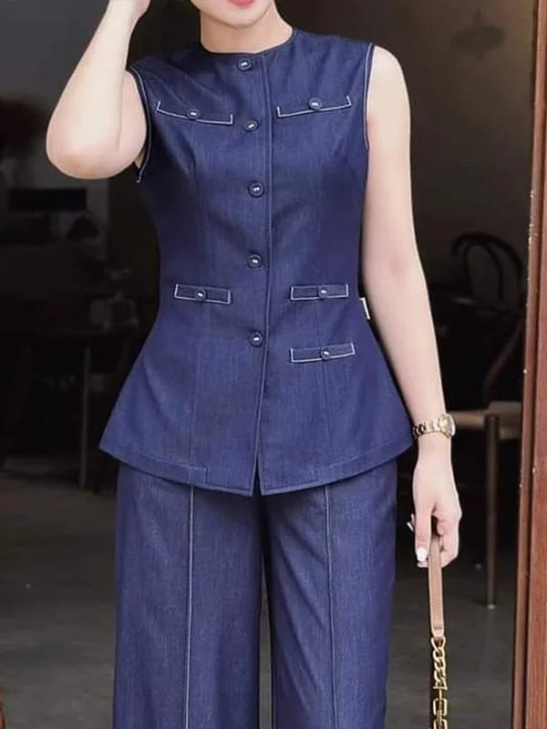 Solid Color Pockets Buttoned Sleeveless Loose Round-Neck Vest Top