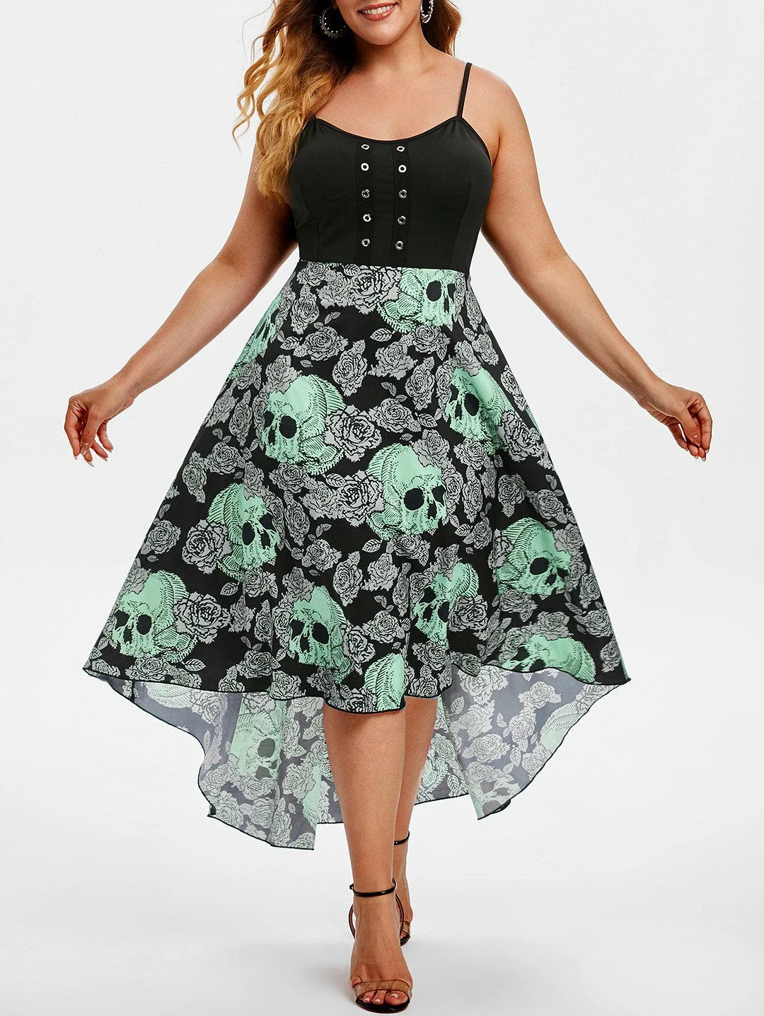 Plus Size Irregular Dress Skull Print Fluffy Slip Dress