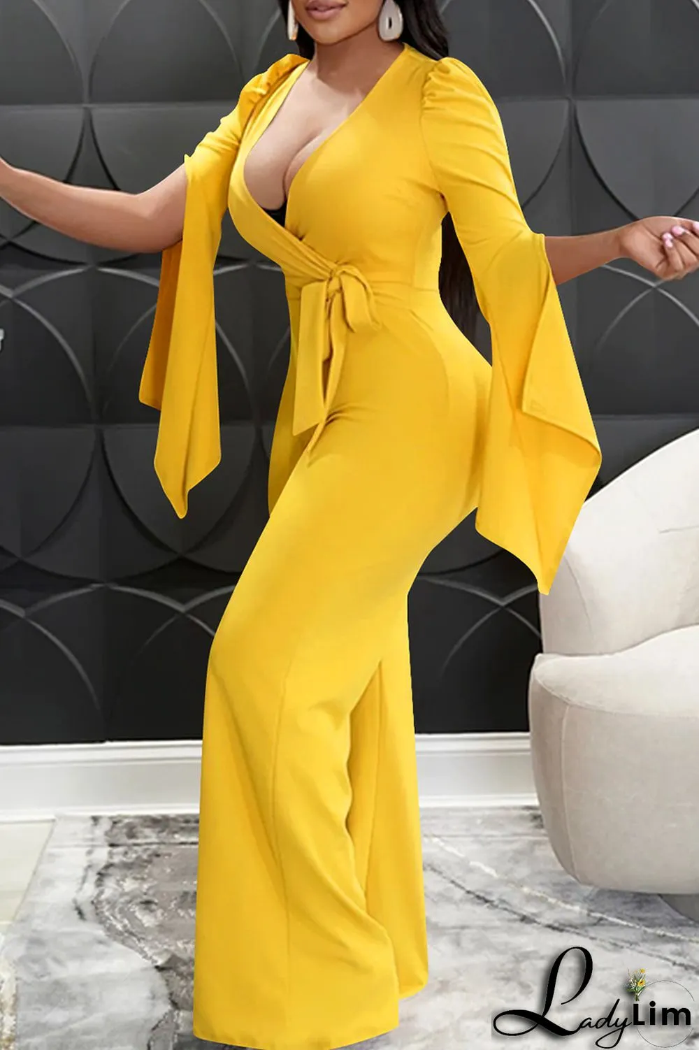 Blue Fashion Casual Solid Bandage Slit V Neck Regular Jumpsuits