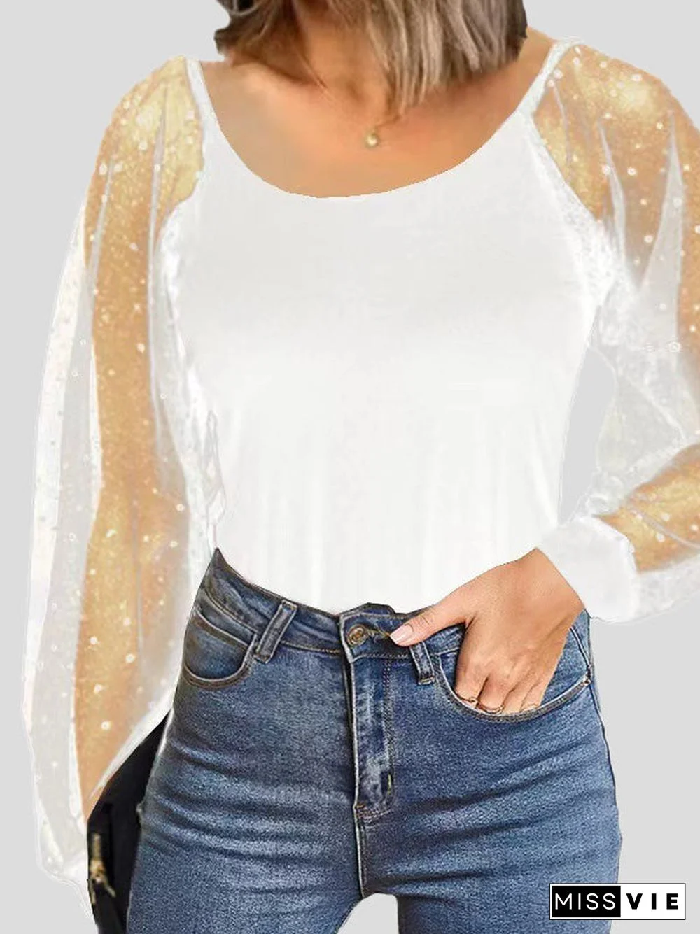 Women'S T-Shirts Loose Crew Neck Mesh Long Sleeve T-Shirt