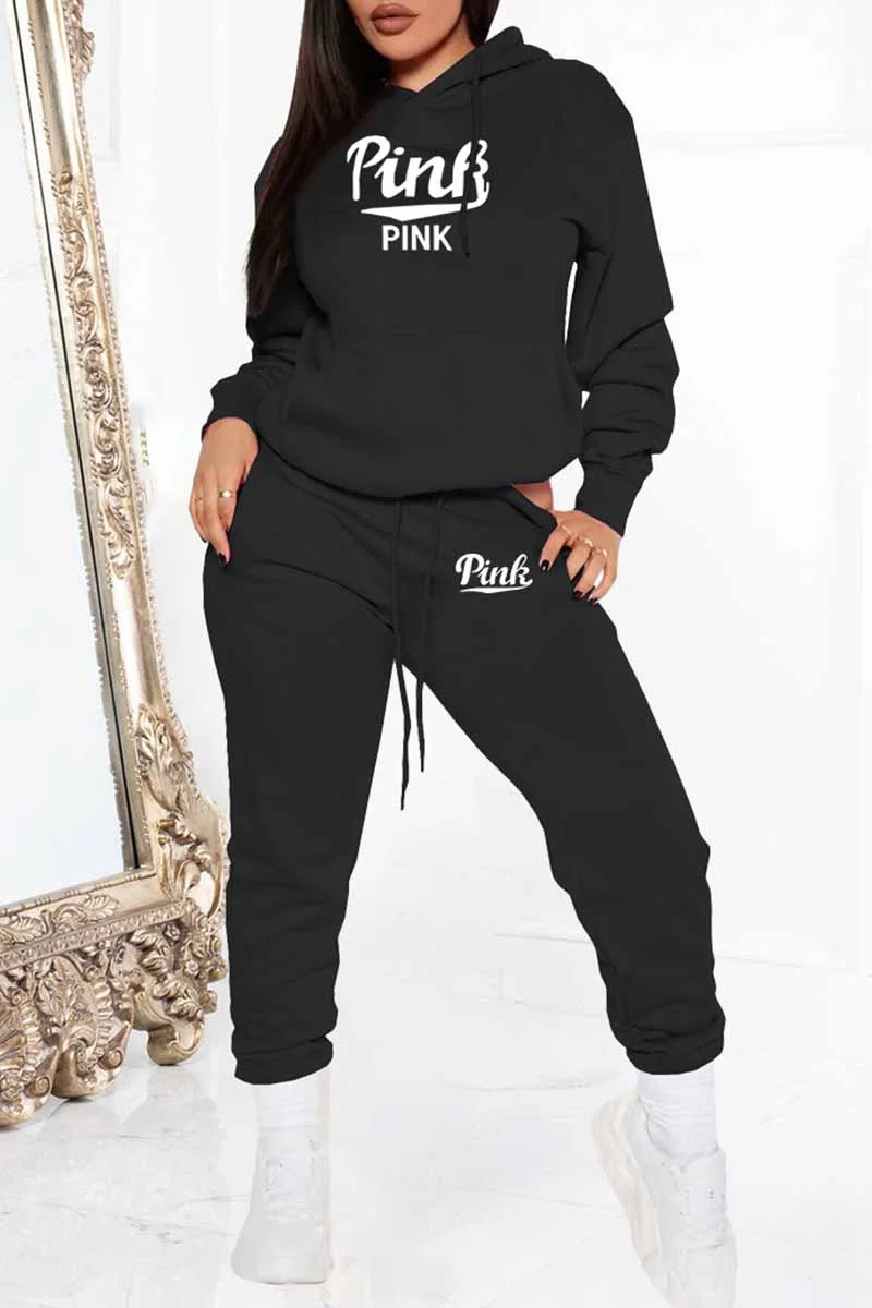 Street Print Letter Hooded Collar Long Sleeve Two Pieces