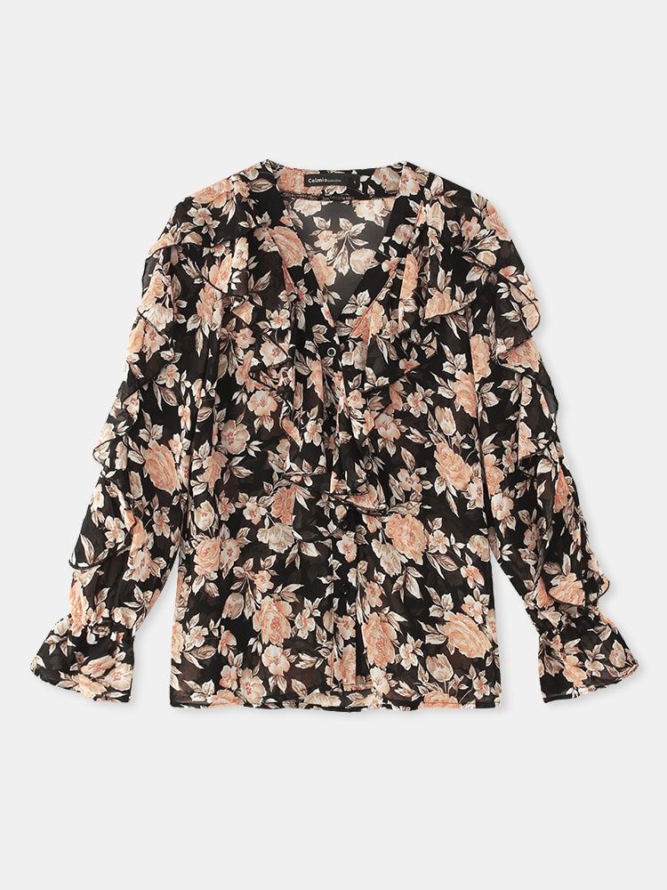 Floral Print Chiffon V neck Ruffle Long Sleeve Casual Blouse For Women P1825444