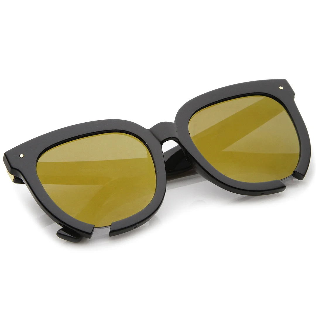 Oversize Notch Detail Square Colored Mirror Flat Lens Horn Rimmed glasses 54mm