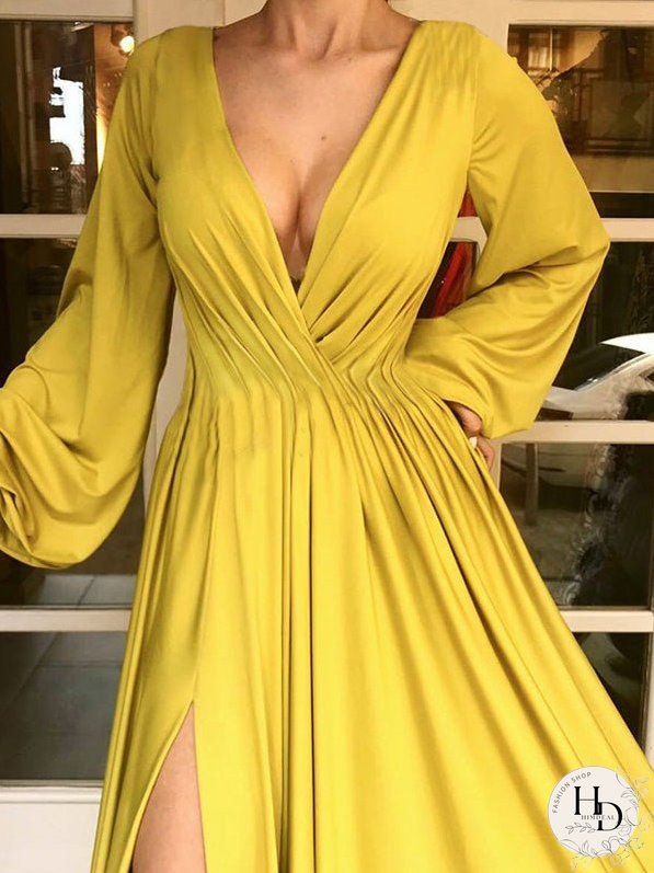 Dresses Solid V-Neck Long Sleeve Slit Dress for Women