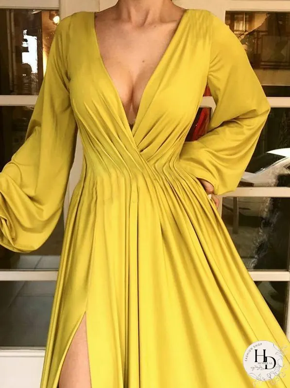 Dresses Solid V-Neck Long Sleeve Slit Dress for Women