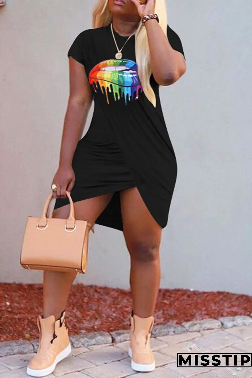 Orange Fashion Casual Lips Printed Patchwork O Neck Short Sleeve Dress Dresses