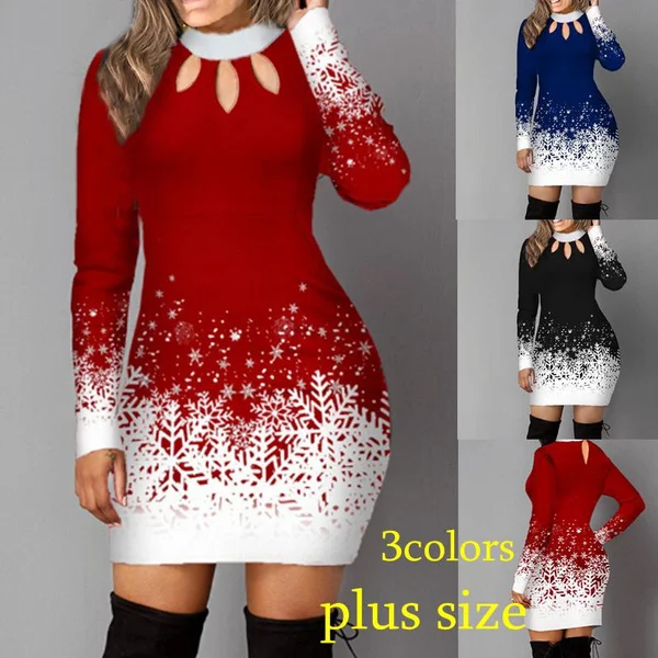 New Women Fashion Christmas Slim Fit Dress Snowflake Print Keyhole Front Long Sleeve Mini Dress