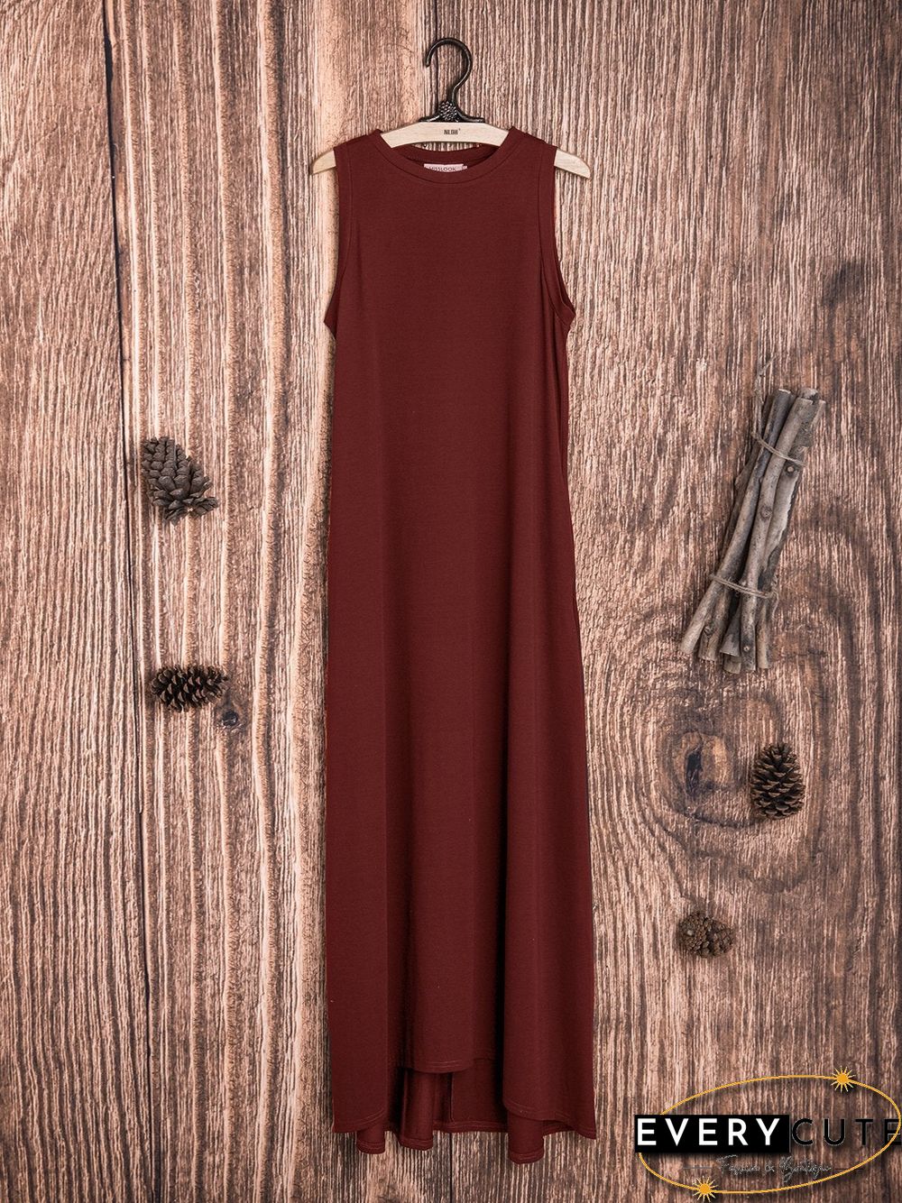 Cotton-Blend Solid Sleeveless Crew Neck Casualdress