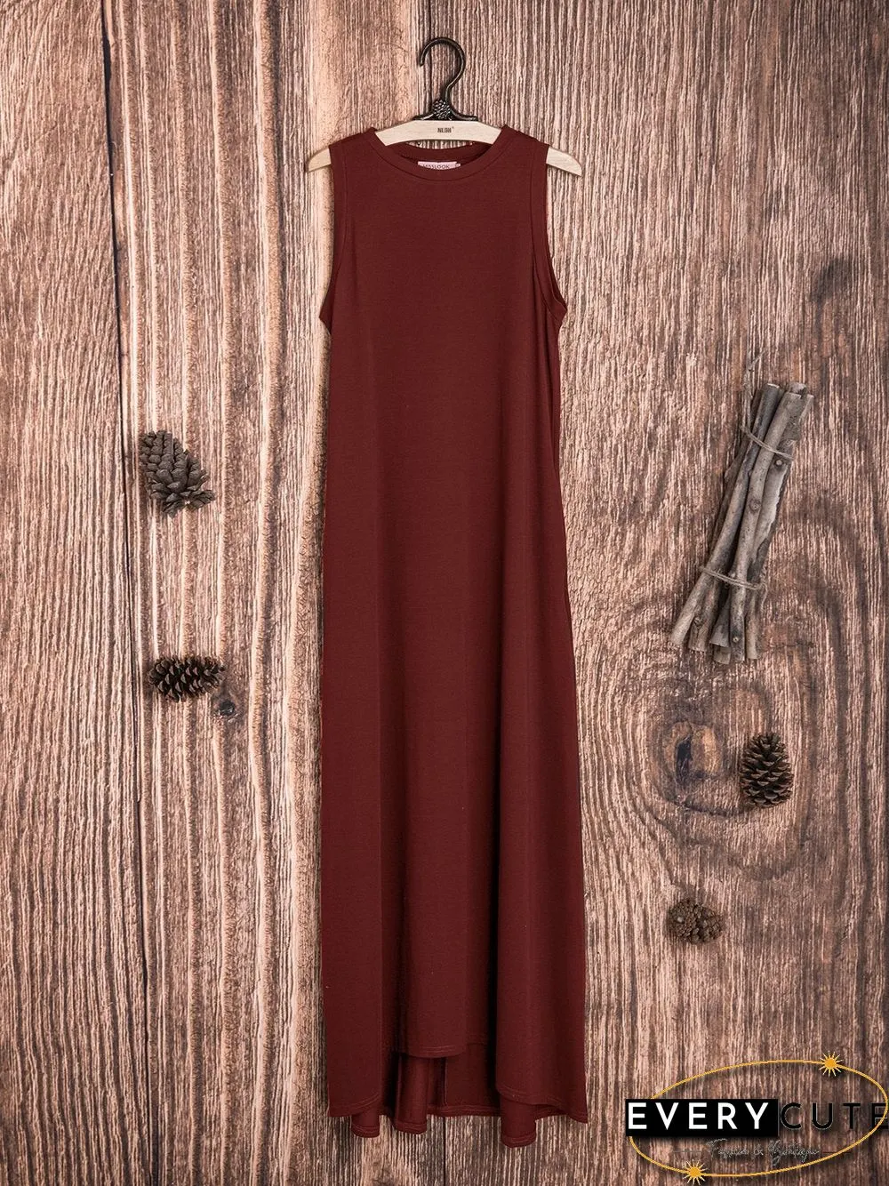 Cotton-Blend Solid Sleeveless Crew Neck Casualdress