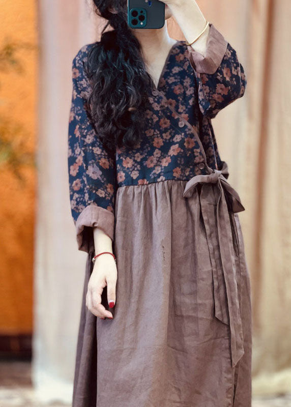 VCSHOES Colorblock V Neck Patchwork Print Lace Up Linen Dress Spring