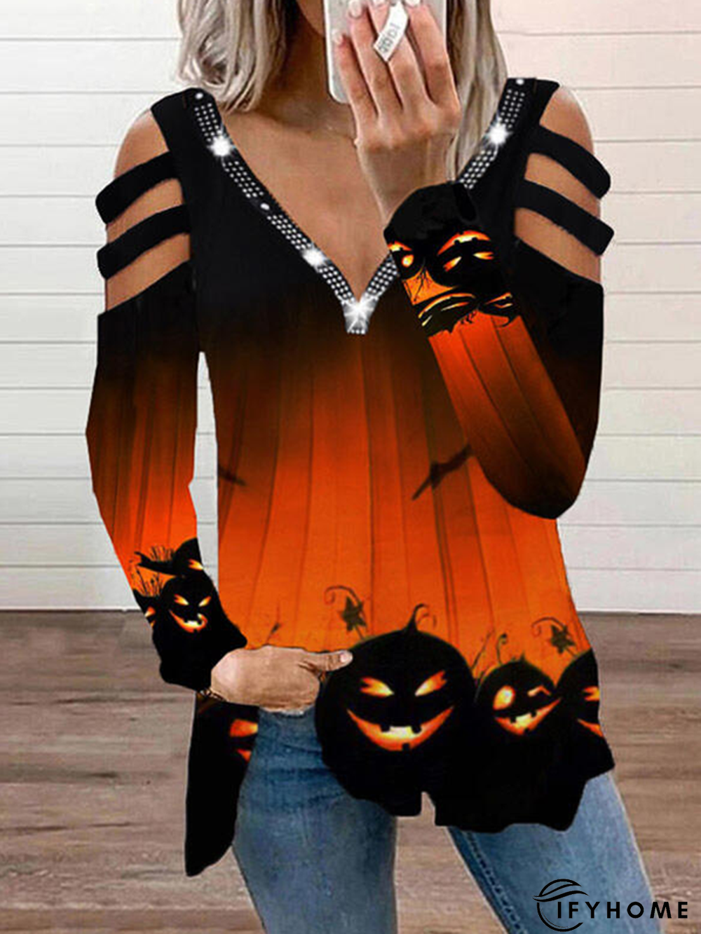 Halloween Long Sleeve Printed V Neck Casual T-shirt | IFYHOME