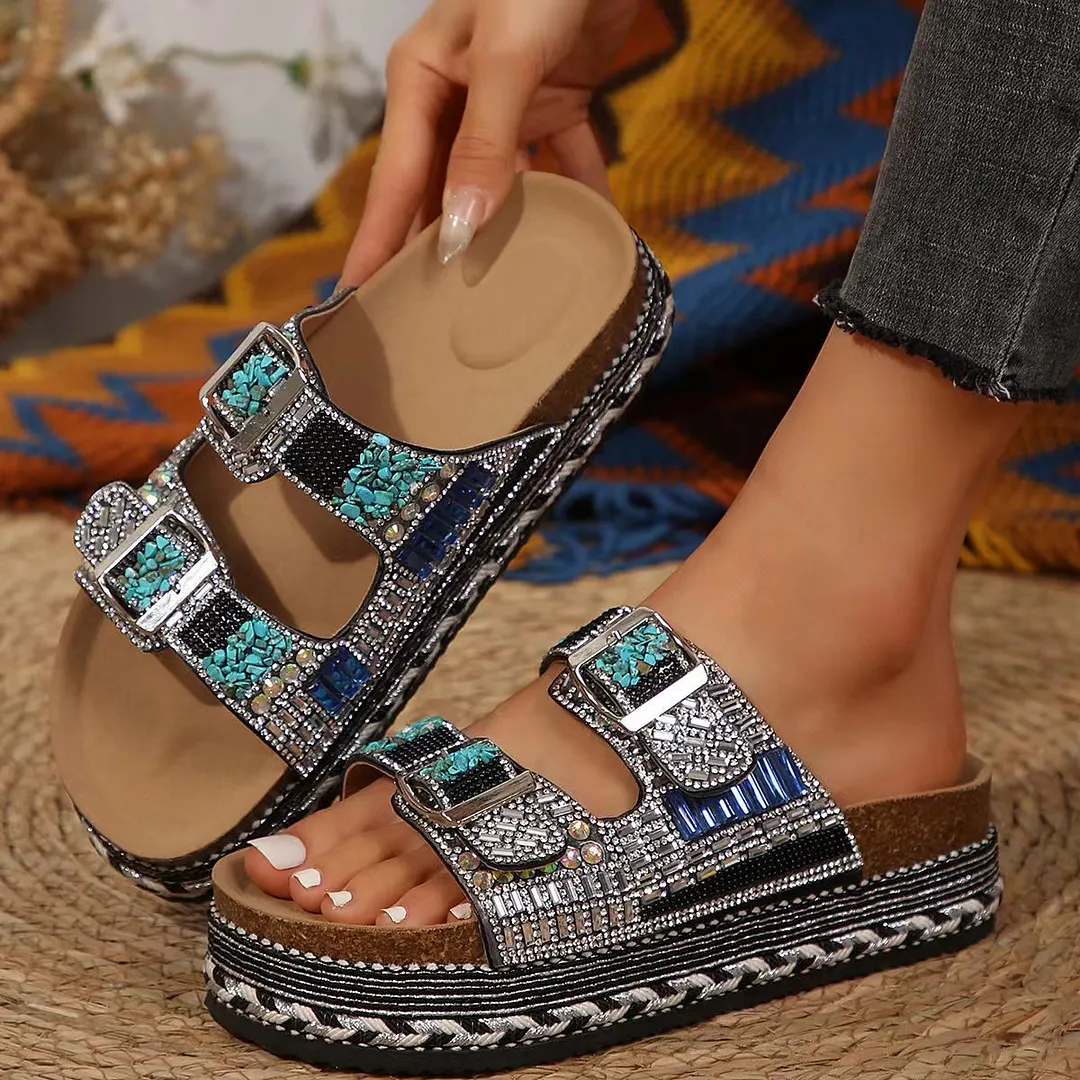 Breakj Breakj New Thick Bottom Rope Double Buckle Drill Softwood Beach Slippers Large Size Women's Shoes