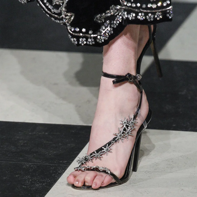 Black Rhinestone Evening Shoes Stiletto Heel Slingback Sandals |FSJ Shoes