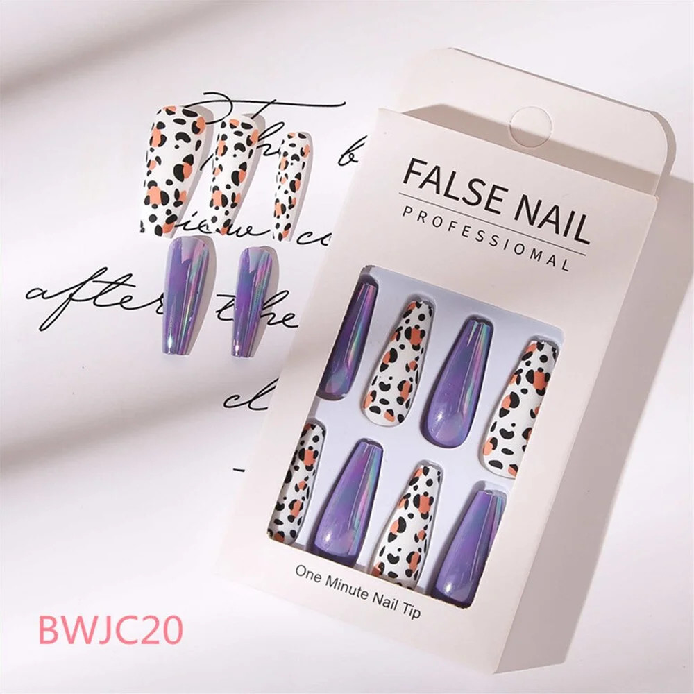 24 Pcs Long Design Ballet Coffin Fake Nails Sequins False Nail Artificial Plastic Press On False Nail Tips Manicure Nail Art